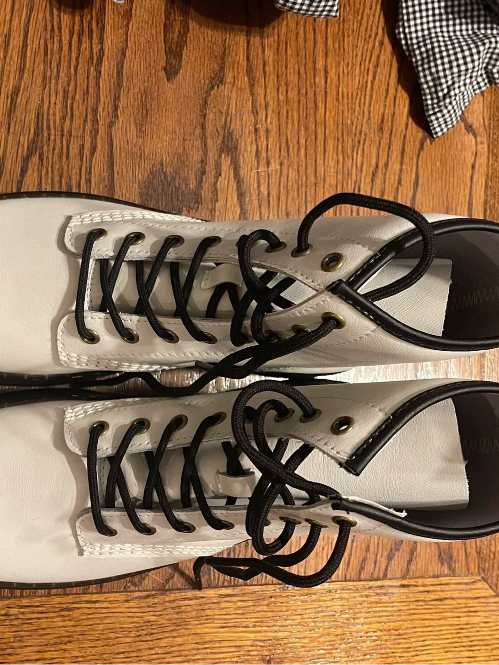Dr. Martens White Leather Boots with Black Trim and Yellow Pull Tab - Picture 2 of 7